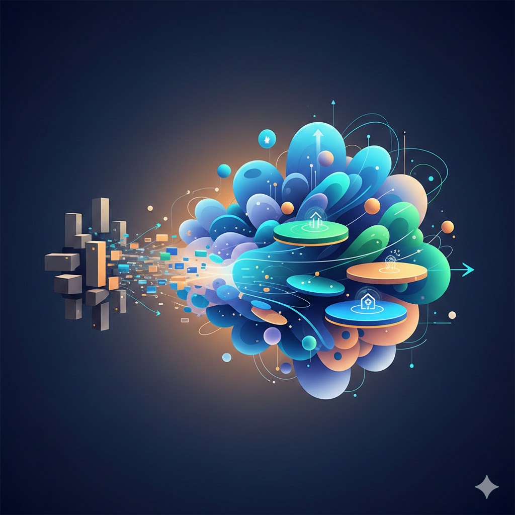 Informatix Systems team showcasing cloud migration and modernization strategy with hybrid architecture visuals, data flow diagrams, and digital transformation elements representing enterprise modernization.