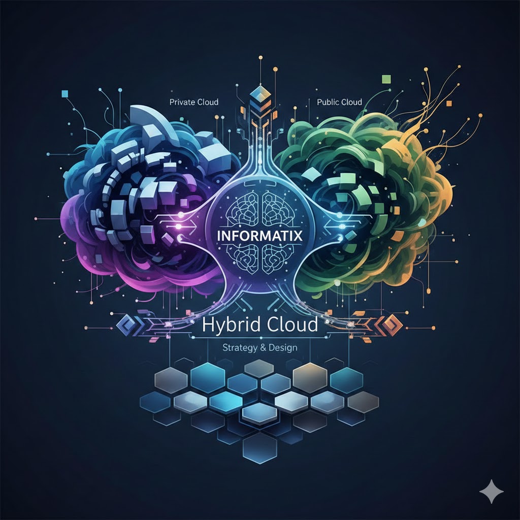 Enterprise hybrid cloud strategy and design by Informatix Systems showcasing integrated cloud infrastructure and data management solutions.