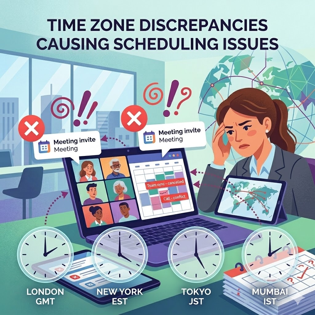 Time zone discrepancies causing scheduling issues.