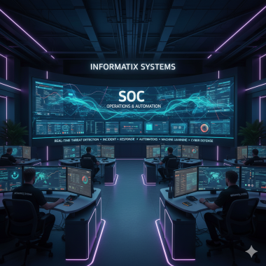 Illustration of Informatix Systems SOC Operations and Automation depicting AI-driven cyber threat intelligence integration, real-time security orchestration, machine learning analytics, autonomous SOC workflows, and multi-cloud cyber defense operations for predictive and efficient enterprise cybersecurity.