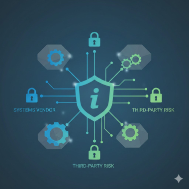 Graphic illustrating Informatix Systems Vendor & Third-Party Risk management, depicting processes such as vendor risk assessment, continuous monitoring, compliance verification, contract management, and mitigation strategies to safeguard organizational data and ensure supply chain security and regulatory adherence.