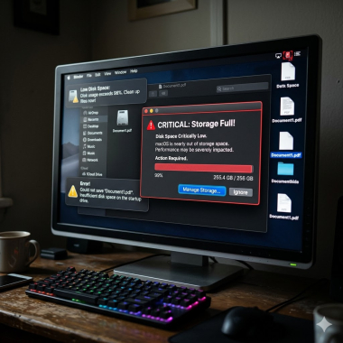 Disk space issues or low storage warnings.