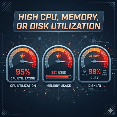 High CPU, Memory, or Disk utilization.